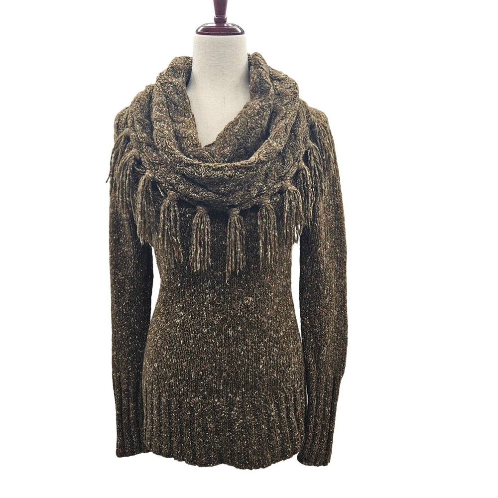Kensie Women's Olive Speckled Long Cowlneck Sweater with Fringe Size Large‎